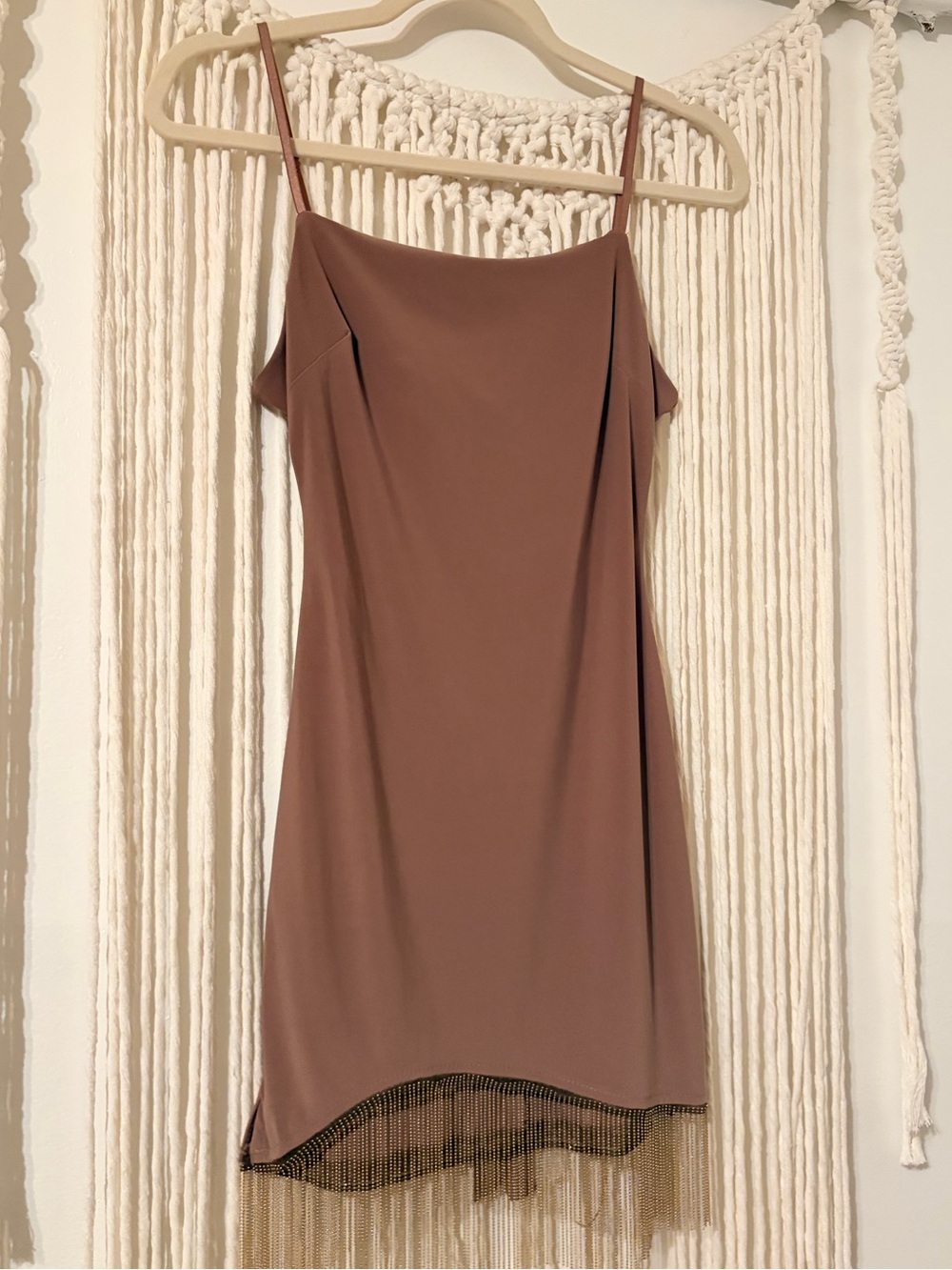 Sleek Spaghetti Strap Slip Dress in Mauve Brown with Fringe Hem